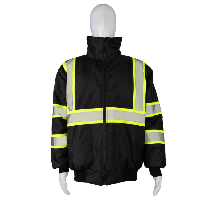 BQBJ-LG Enhanced Visibility Waterproof Black Quilted Bomber Jacket With Lime Contrast Binding