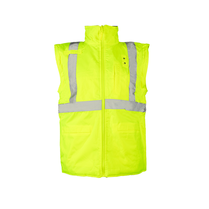 LBRVQJV-C3 ANSI Class 3 Lime/Black Reversible Waterproof 4-in-1 Quilted Thermal Jacket with Detachable Sleeves