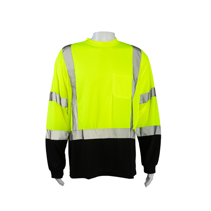 LBTSL3 ANSI Class 3 High-Vis Lime/Black-Bottom Birdseye Mesh Long Sleeve Pocket T-Shirt