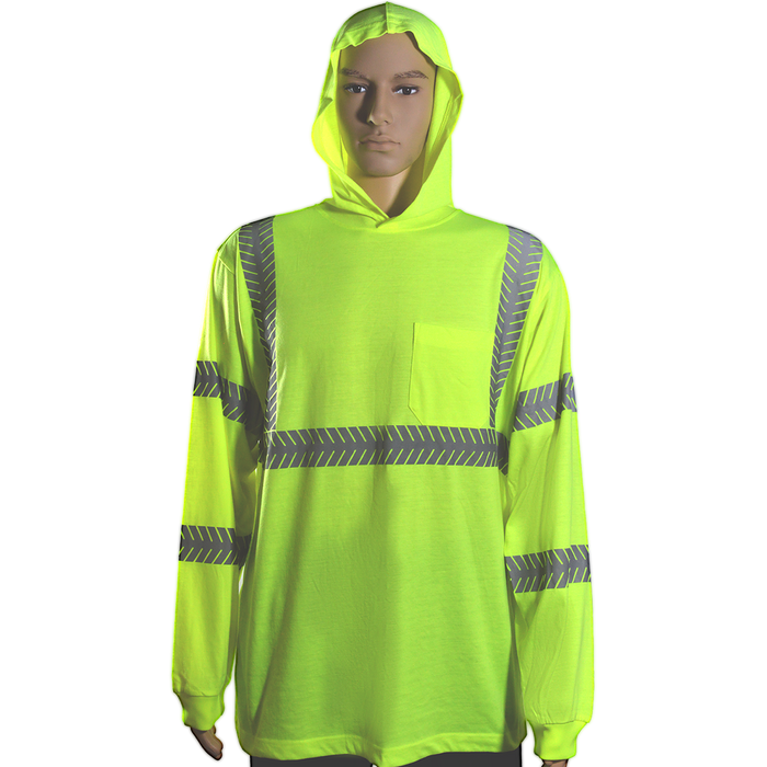 LJHTSL3 ANSI Class 3 Safety Green Reflective Hooded Long Sleeve T-Shirt