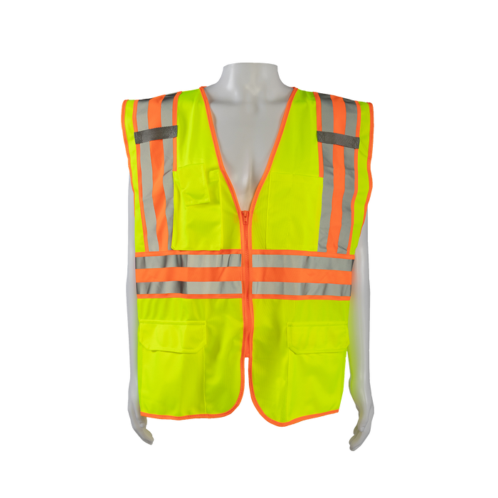 LV2-CB2 ANSI Class II Deluxe Two Tone DOT Safety Vest, Lime Solid Orange Contrast
