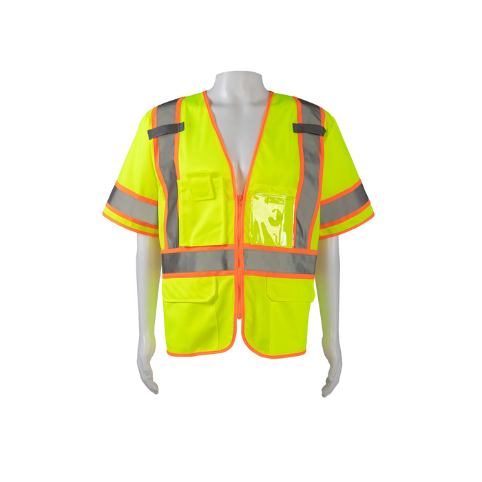 LV3-CB1 LIME SOLID ORANGE CONTRAST ANSI Class 3 Two Tone DOT Surveyors Safety Vest, Deluxe