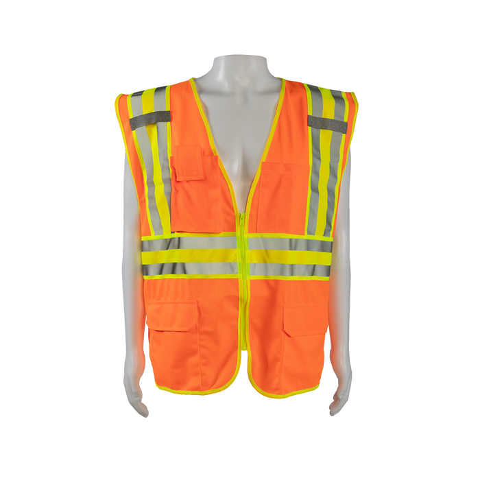 OV2-CB2 ANSI Class II Deluxe Two Tone DOT Safety Vest Orange Solid Lime Contrast