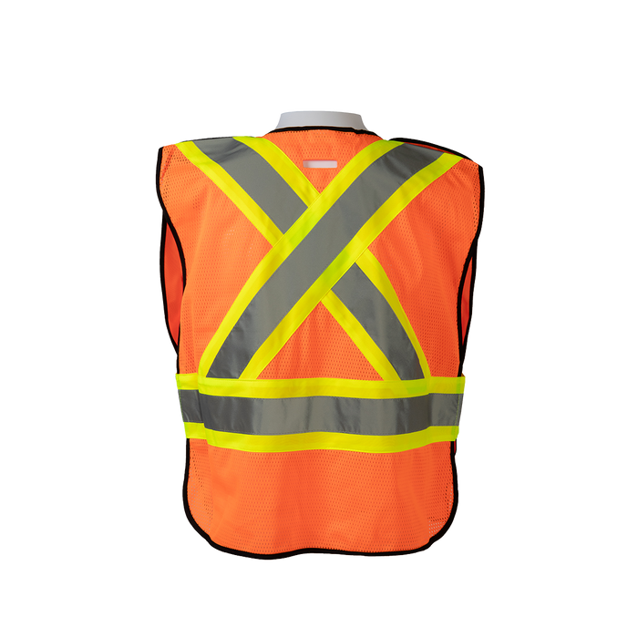 OV2-PSVCSA ANSI & CSA Public Safety Vest, Orange Solid Front Mesh Back, Reflective “X” On Back