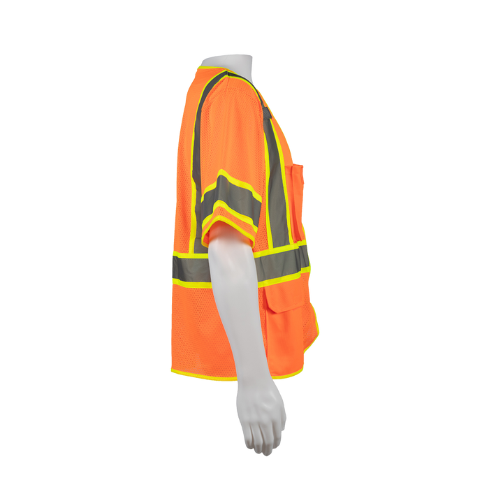 OVM3-CB1 ANSI 107-2020 Class 3 Orange Mesh Lime Contrast Two Tone DOT Surveyors Safety Vest, Deluxe