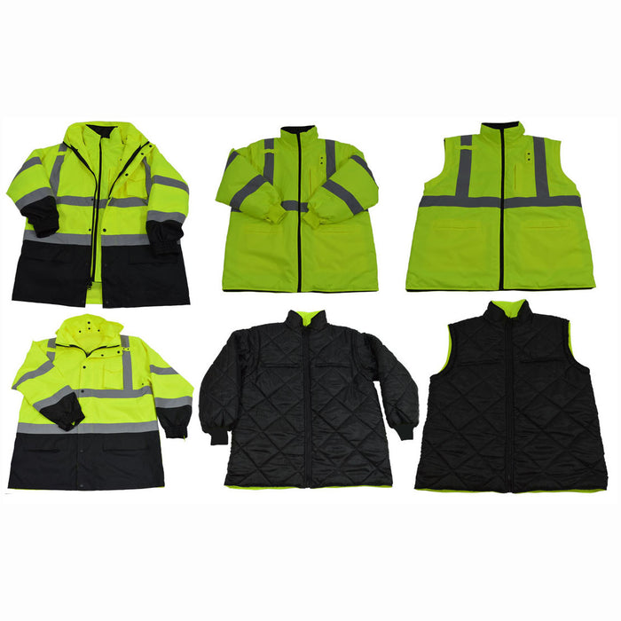 LBPJ6IN1-C3  ANSI Lime / Black Two Tone Waterproof 6-IN-1 Jacket & Vest / Removable Hood (Two Class 3 Jackets In One)