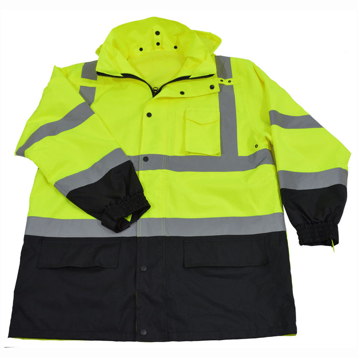 LBPJ6IN1-C3  ANSI Lime / Black Two Tone Waterproof 6-IN-1 Jacket & Vest / Removable Hood (Two Class 3 Jackets In One)