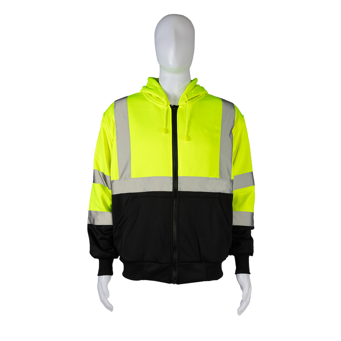 LBHSW-C3 ANSI Class 3 High-Vis Lime & Black Bottom Two Tone 16 OZ. Thermal Lined Zip-Up Hoodie