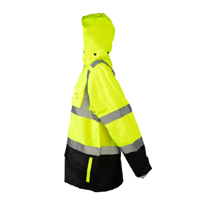 LBPJLW-C3 ANSI Class 3 High-Vis Lime / Black Bottom Waterproof Light Weight Parka Jacket / Trench Coat