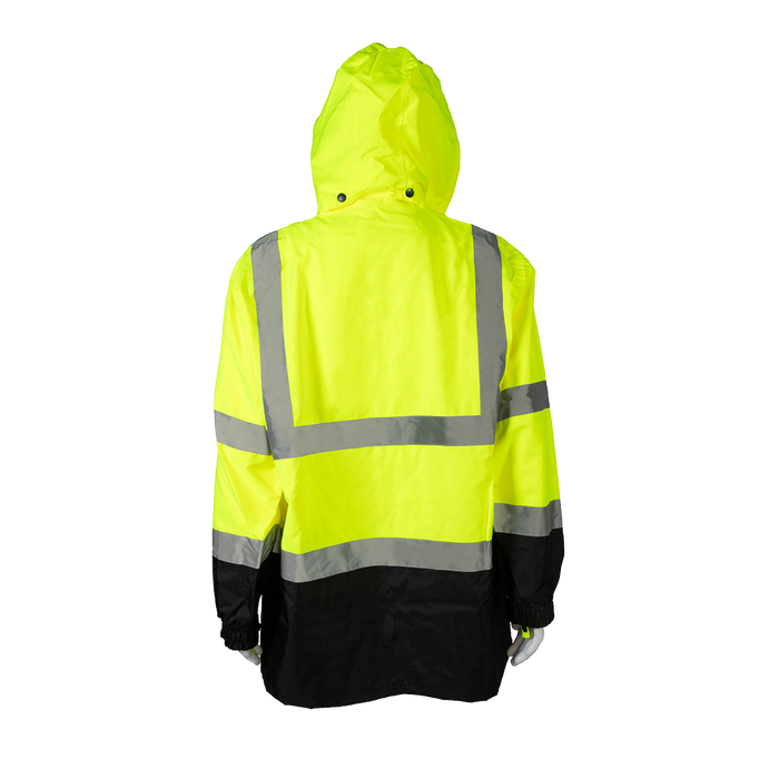 LBPJLW-C3 ANSI Class 3 High-Vis Lime / Black Bottom Waterproof Light Weight Parka Jacket / Trench Coat