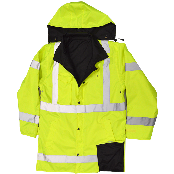 LBPJRV-C3 ANSI Class 3 Waterproof Lime/ Black Reversible Rain Parka Jacket or 34" Short Raincoat