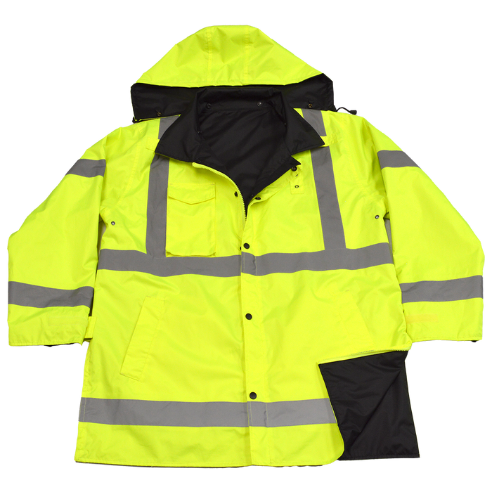 LBPJRV-C3 ANSI Class 3 Waterproof Lime/ Black Reversible Rain Parka Jacket or 34" Short Raincoat