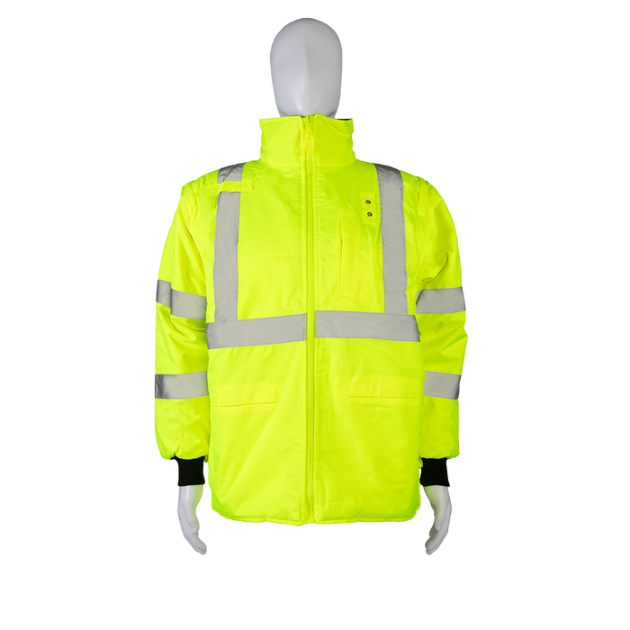 LBQPJRV-C3 ANSI Class 3 Lime/Black Reversible Waterproof 4-in-1 Quilted Jacket with Detachable Sleeves