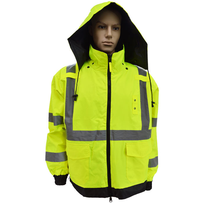 LBRVBJ29-C3 ANSI Class 3 Lime/Black Reversible Light Weight Waterproof Bomber Rain Jacket