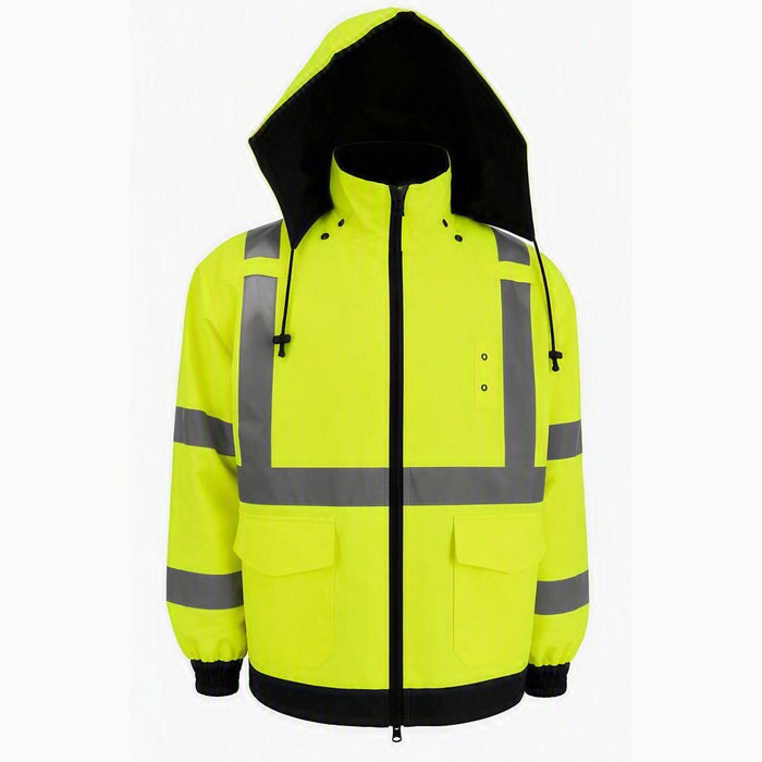 LBRVBJ29-C3 ANSI Class 3 Lime/Black Reversible Light Weight Waterproof Bomber Rain Jacket