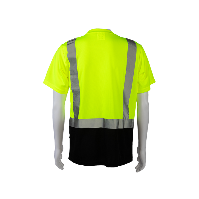 LBTS2 ANSI Class 2 High-Vis Lime/Black-Bottom Birdseye Mesh Short Sleeve Pocket T-Shirt