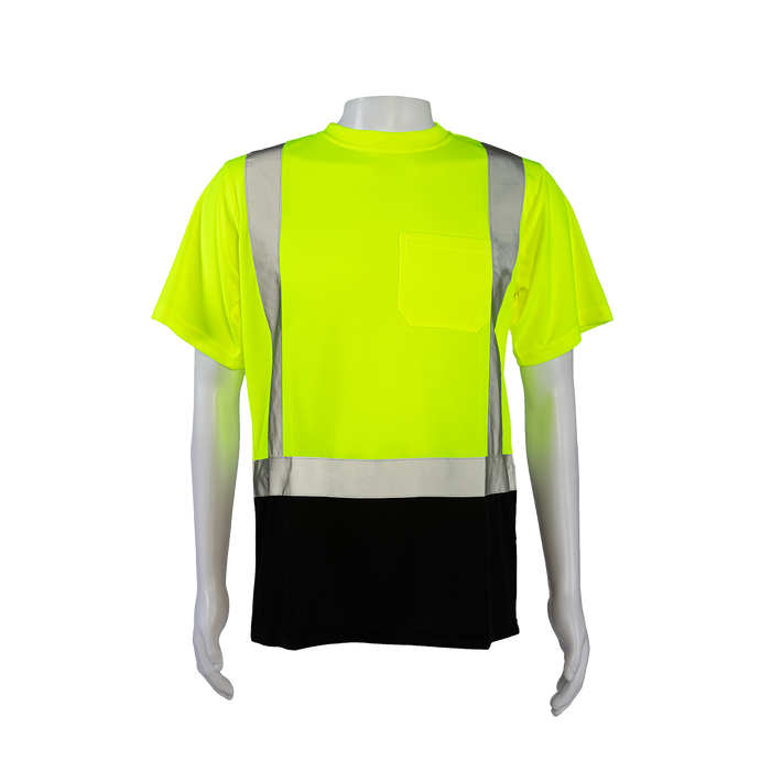 LBTS2 ANSI Class 2 High-Vis Lime/Black-Bottom Birdseye Mesh Short Sleeve Pocket T-Shirt