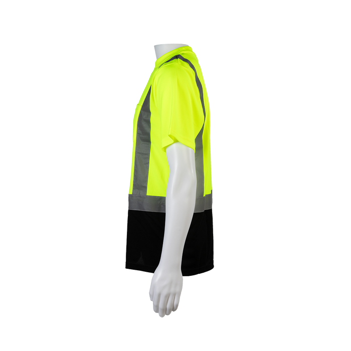 LBTS2 ANSI Class 2 High-Vis Lime/Black-Bottom Birdseye Mesh Short Sleeve Pocket T-Shirt