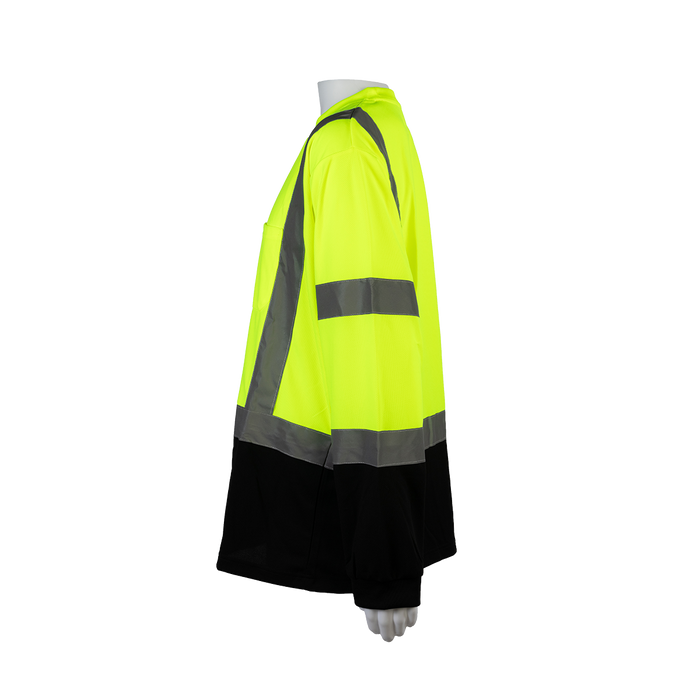 LBTSL3  ANSI Class 3 High-Vis Lime/Black-Bottom Birdseye Mesh Long Sleeve Pocket T-Shirt