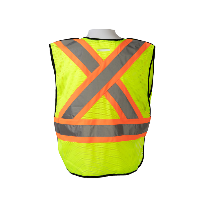 LV2-PSVCSA ANSI & CSA Compliant Public Safety Vest, Lime Solid Front Mesh Back, Reflective “X” On Back