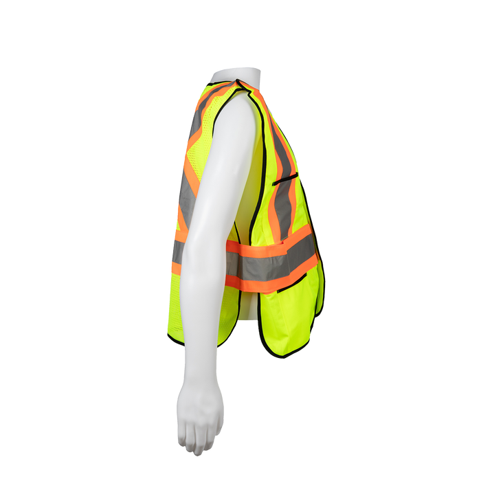 LV2-PSVCSA ANSI & CSA Compliant Public Safety Vest, Lime Solid Front Mesh Back, Reflective “X” On Back