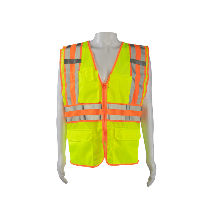 LVM2-CB2 ANSI Class 2 Deluxe Two Tone DOT  Safety Vest , Lime Mesh Orange Contrast