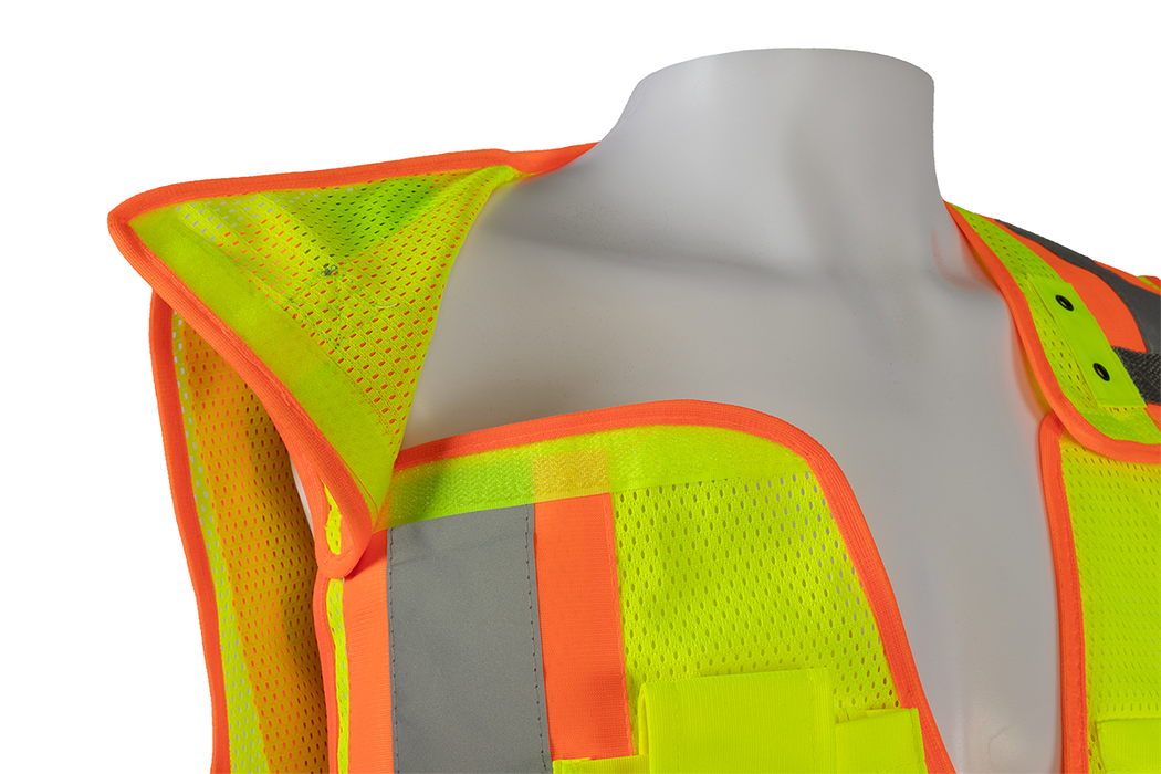 LVM2-PSV ANSI Class 2 Lime Mesh Orange Contrast Two Tone Expandable Breakaway Public Safety Vest