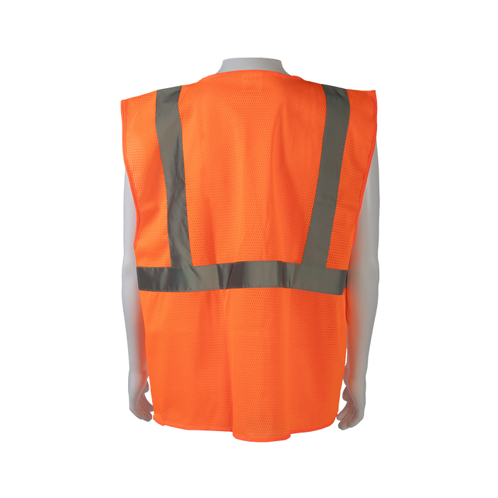 OV2-FSMB ANSI 107-2020 CLASS II Orange Front Solid Mesh Back 4-Pocket Safety Vests