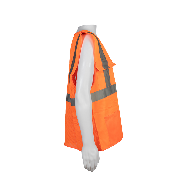 OV2-FSMB ANSI 107-2020 CLASS II Orange Front Solid Mesh Back 4-Pocket Safety Vests