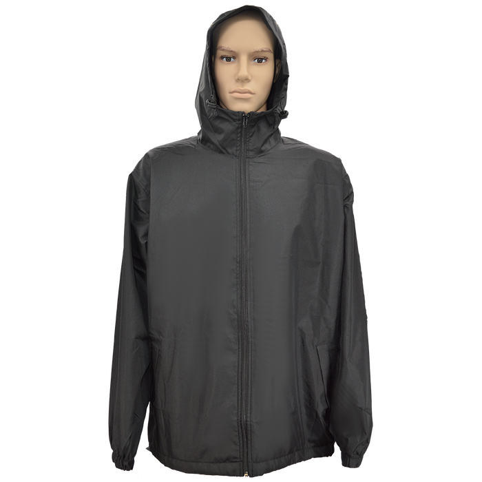 WBJ-BLK Black Water Resistant 150D Oxford Wind Breaker Jacket with Attached Hood, Zipper Closure, 2 Slash Pockets
