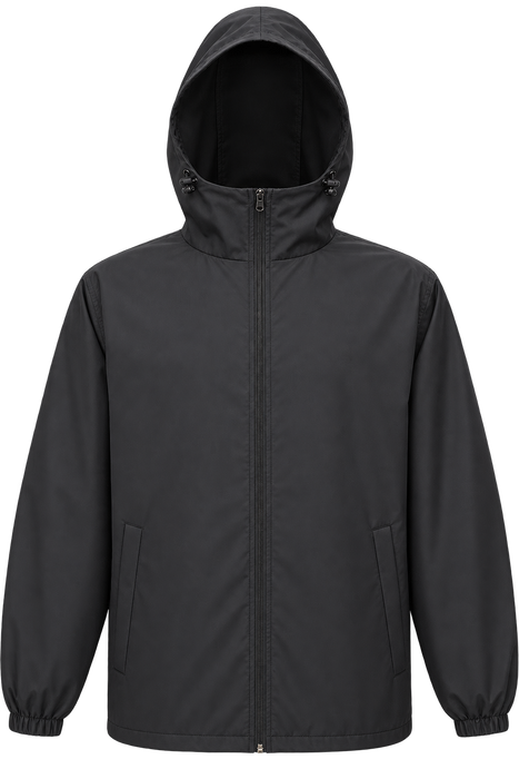 WBJ-BLK Black Water Resistant 150D Oxford Wind Breaker Jacket with Attached Hood, Zipper Closure, 2 Slash Pockets
