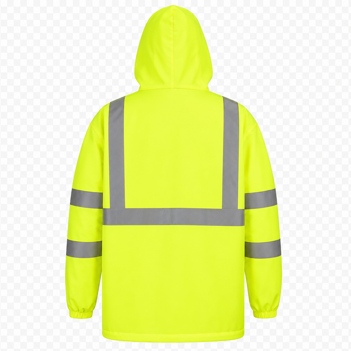 WBJ-LHV ANSI CLASS 3 High-Vis Lime Water Resistant Wind Breaker Jacket with Attached Hood, Zipper Closure, 2 Slash Pockets