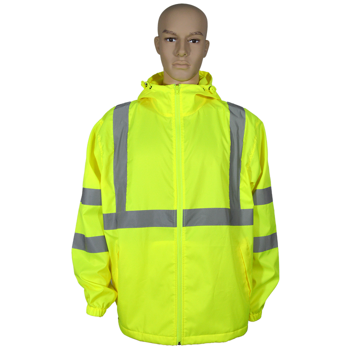 WBJ-LHV ANSI CLASS 3 High-Vis Lime Water Resistant Wind Breaker Jacket with Attached Hood, Zipper Closure, 2 Slash Pockets