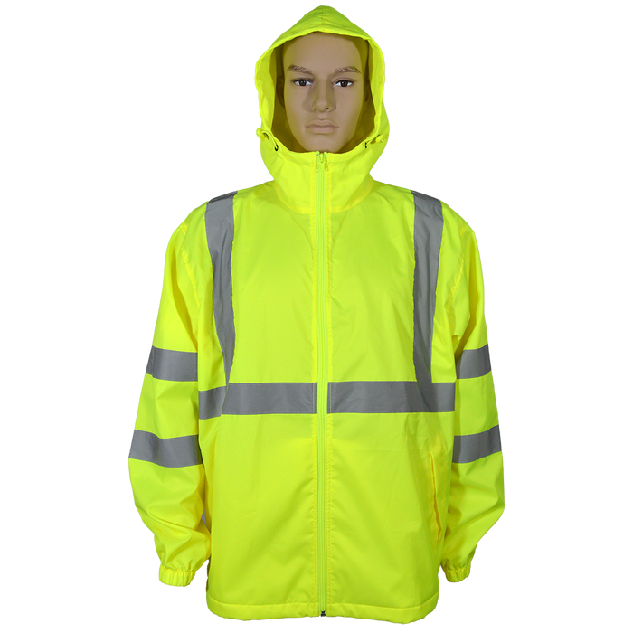 WBJ-LHV ANSI CLASS 3 High-Vis Lime Water Resistant Wind Breaker Jacket with Attached Hood, Zipper Closure, 2 Slash Pockets