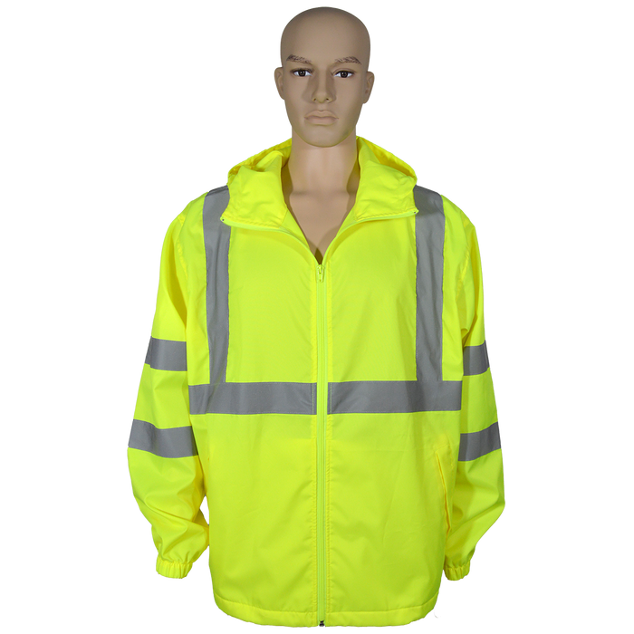 WBJ-LHV ANSI CLASS 3 High-Vis Lime Water Resistant Wind Breaker Jacket with Attached Hood, Zipper Closure, 2 Slash Pockets