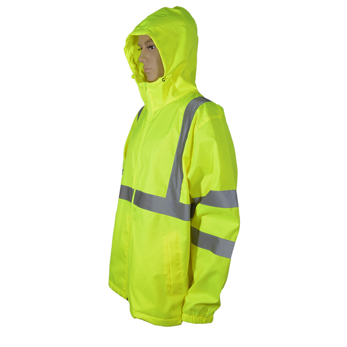 WBJ-LHV ANSI CLASS 3 High-Vis Lime Water Resistant Wind Breaker Jacket with Attached Hood, Zipper Closure, 2 Slash Pockets