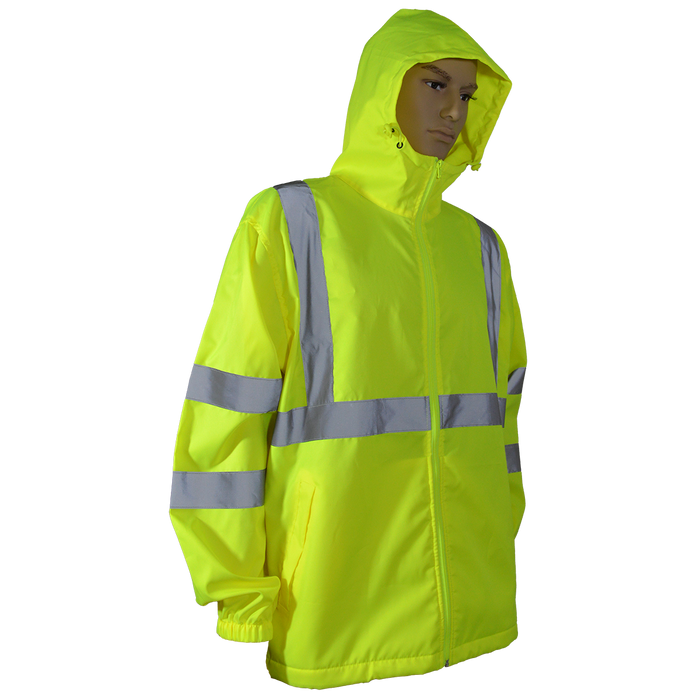 WBJ-LHV ANSI CLASS 3 High-Vis Lime Water Resistant Wind Breaker Jacket with Attached Hood, Zipper Closure, 2 Slash Pockets