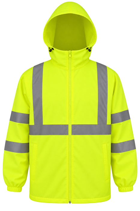 WBJ-LHV ANSI CLASS 3 High-Vis Lime Water Resistant Wind Breaker Jacket with Attached Hood, Zipper Closure, 2 Slash Pockets