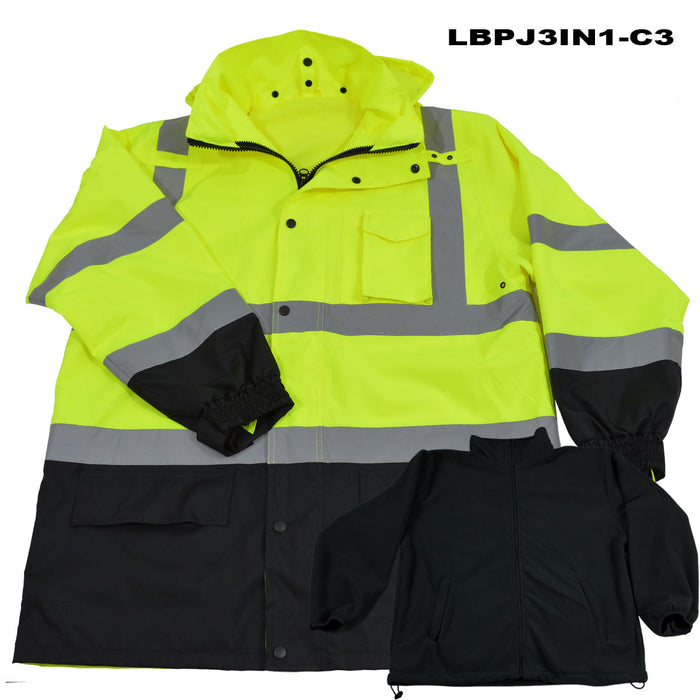LBPJ3IN1-C3 ANSI/ISEA 107-2015 Class 3 Lime /Black Waterproof 3-IN-1 Thermal Jacket