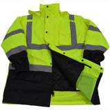 LBPJ6IN1-C3  ANSI Lime / Black Two Tone Waterproof 6-IN-1 Jacket & Vest / Removable Hood (Two Class 3 Jackets In One)