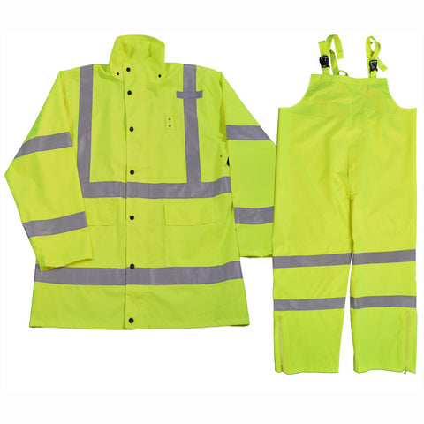 LRC-3PCS-C3 ANSI/ISEA Class 3 Lime Waterproof Rain Jacket & 3-Piece Rain suit